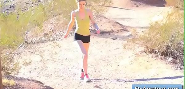  Petite cutie girl Kristen goes for a jog and flash her tits and pussy in the wild